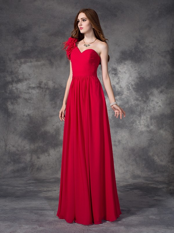 A-line/Princess One-Shoulder Hand-Made Flower Sleeveless Long Chiffon Dresses 3860