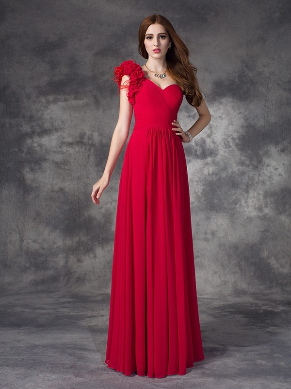 A-line/Princess One-Shoulder Hand-Made Flower Sleeveless Long Chiffon Dresses 3860