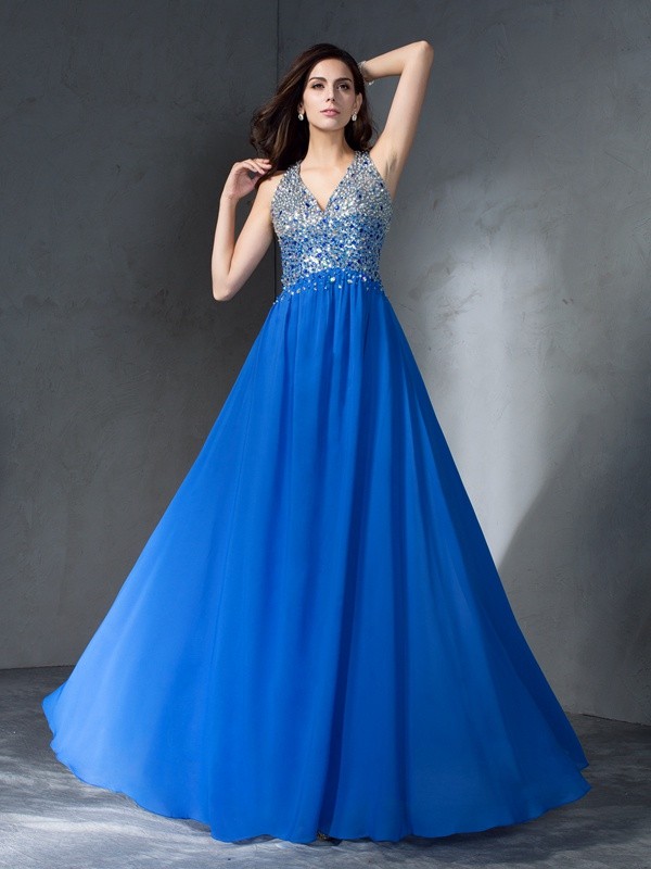 A-Line/Princess V-neck Beading Sleeveless Long Chiffon Dresses 5448