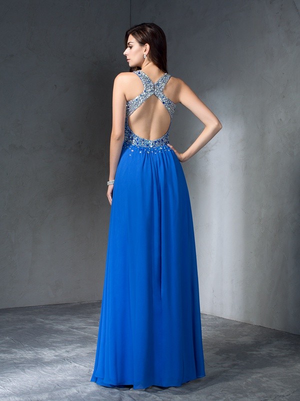 A-Line/Princess V-neck Beading Sleeveless Long Chiffon Dresses 5448