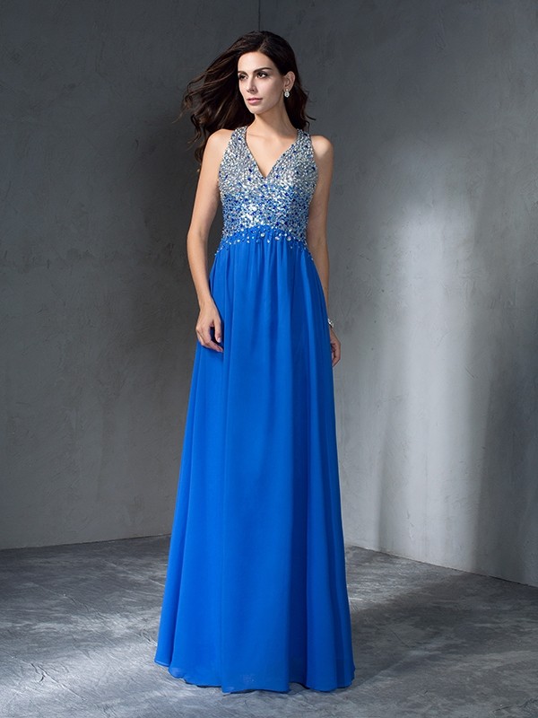 A-Line/Princess V-neck Beading Sleeveless Long Chiffon Dresses 5448