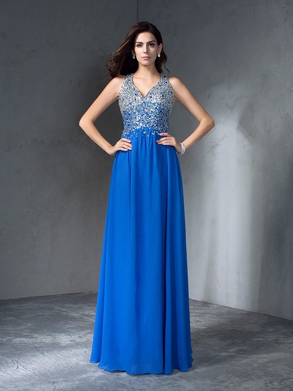 A-Line/Princess V-neck Beading Sleeveless Long Chiffon Dresses 5448