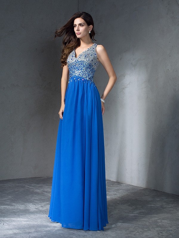 A-Line/Princess V-neck Beading Sleeveless Long Chiffon Dresses 5448