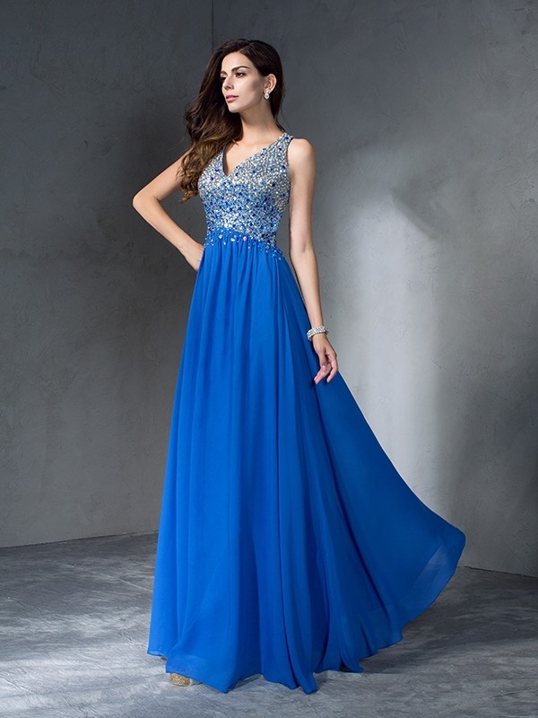 A-Line/Princess V-neck Beading Sleeveless Long Chiffon Dresses 5448