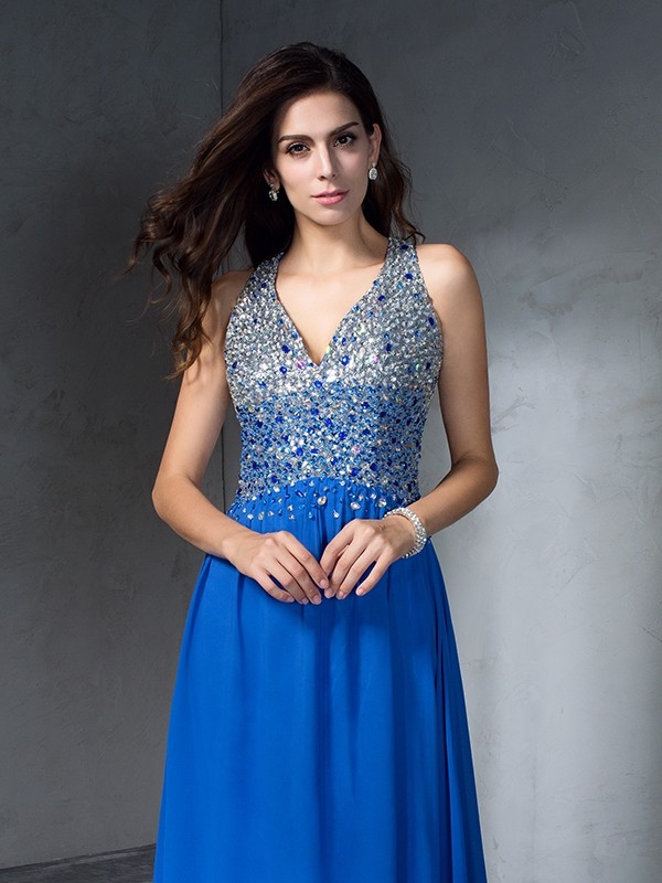 A-Line/Princess V-neck Beading Sleeveless Long Chiffon Dresses 5448