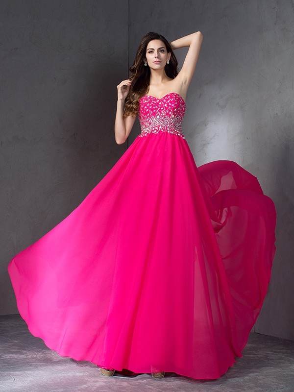 A-Line/Princess Sweetheart Beading Sleeveless Long Chiffon Dresses 4958