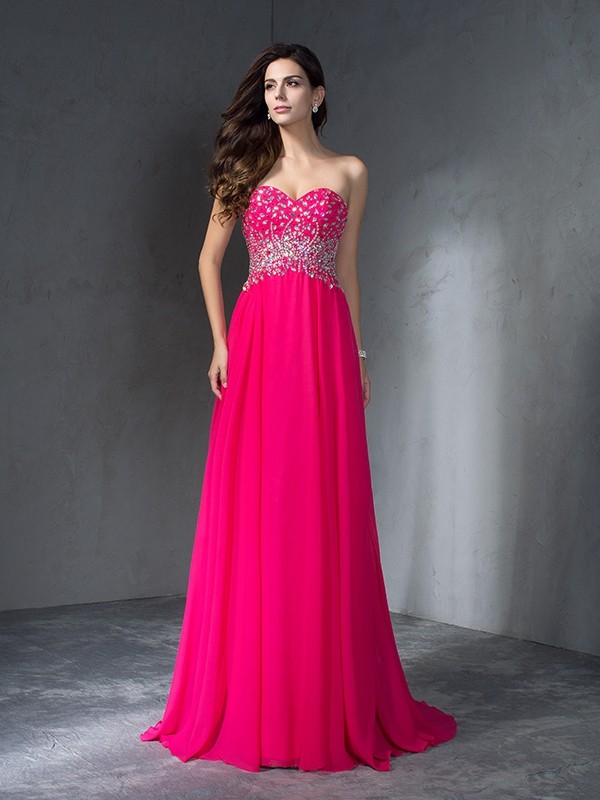 A-Line/Princess Sweetheart Beading Sleeveless Long Chiffon Dresses 4958