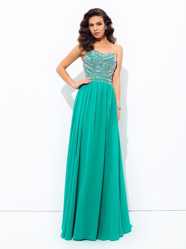 A-line/Princess Sweetheart Beading Sleeveless Long Chiffon Dresses 4959