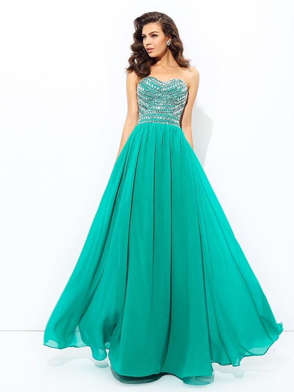 A-line/Princess Sweetheart Beading Sleeveless Long Chiffon Dresses 4959