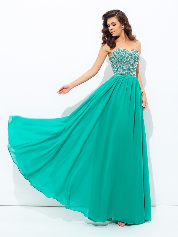 A-line/Princess Sweetheart Beading Sleeveless Long Chiffon Dresses 4959