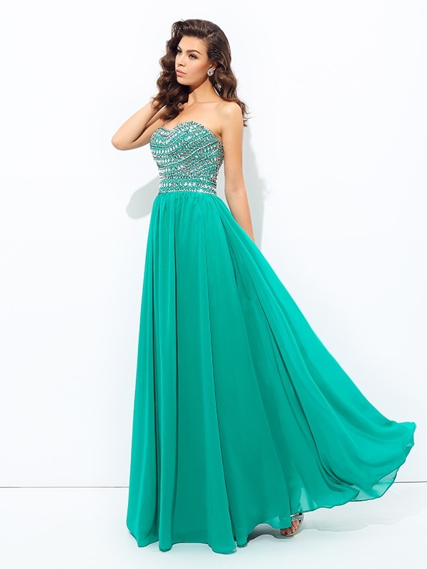 A-line/Princess Sweetheart Beading Sleeveless Long Chiffon Dresses 4959