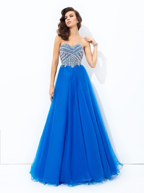 A-line/Princess Sweetheart Sequin Sleeveless Long Net Dresses 5008