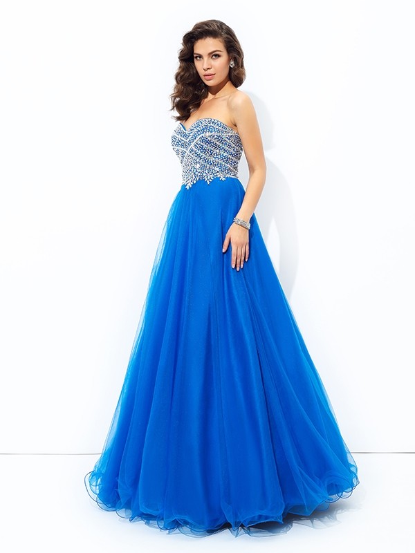 A-line/Princess Sweetheart Sequin Sleeveless Long Net Dresses 5008