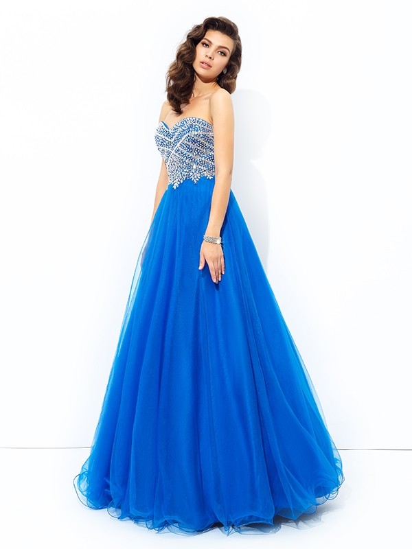 A-line/Princess Sweetheart Sequin Sleeveless Long Net Dresses 5008