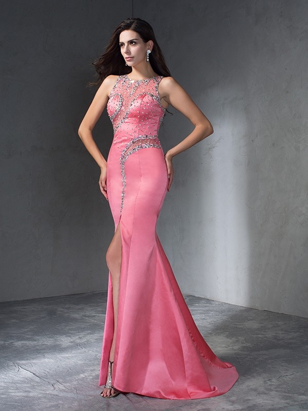 Trumpet/Mermaid Scoop Beading Sleeveless Long Satin Dresses 7260