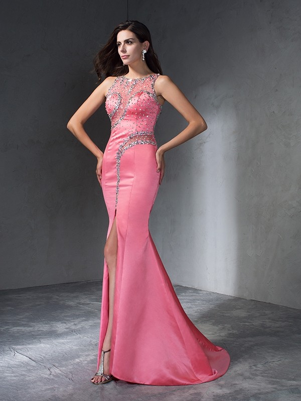 Trumpet/Mermaid Scoop Beading Sleeveless Long Satin Dresses 7260