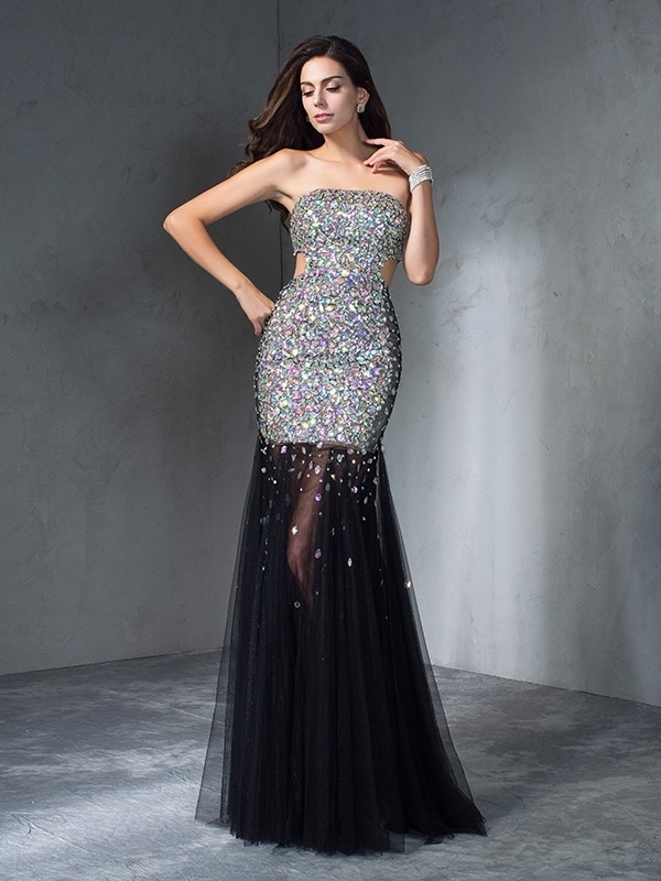 Sheath/Column Strapless Sequin Sleeveless Long Satin Dresses 6675