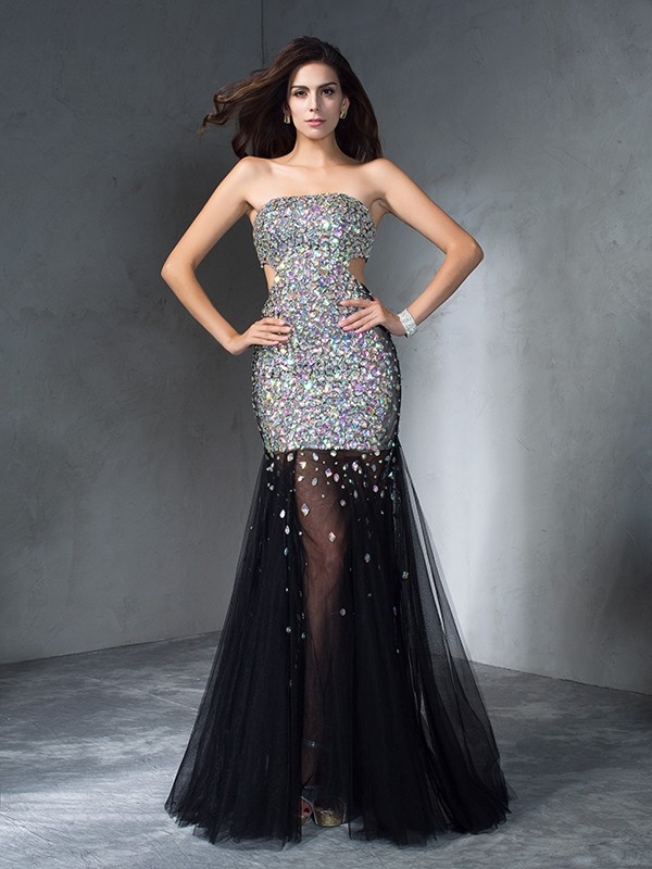 Sheath/Column Strapless Sequin Sleeveless Long Satin Dresses 6675