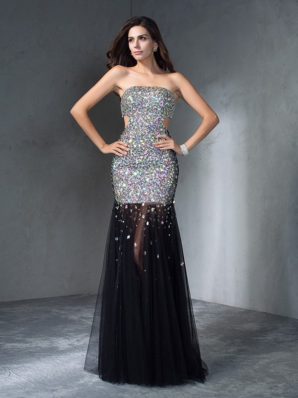 Sheath/Column Strapless Sequin Sleeveless Long Satin Dresses 6675