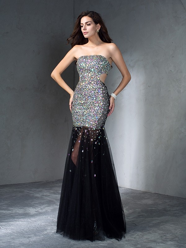 Sheath/Column Strapless Sequin Sleeveless Long Satin Dresses 6675