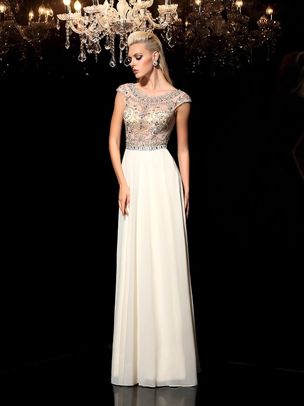 A-Line/Princess Sheer Neck Rhinestone Sleeveless Long Chiffon Dresses 4425