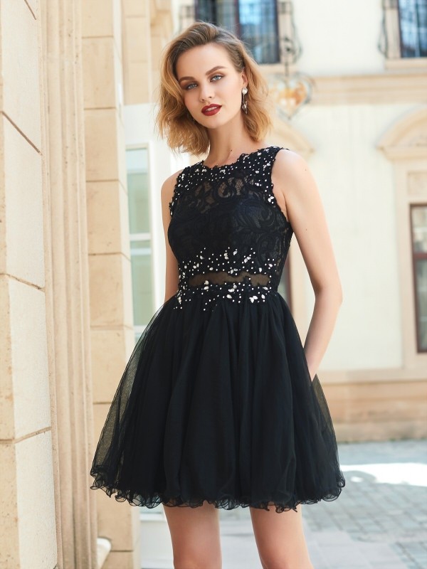 A-Line/Princess Jewel Sleeveless Lace Net Short/Mini Dresses 3697