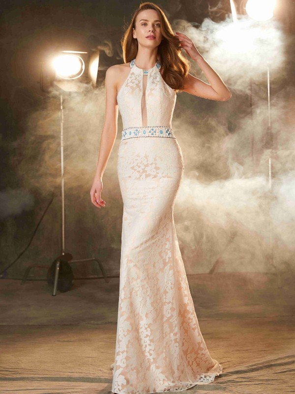 Sheath/Column Halter Sleeveless Floor-Length Lace Satin Dresses 5964