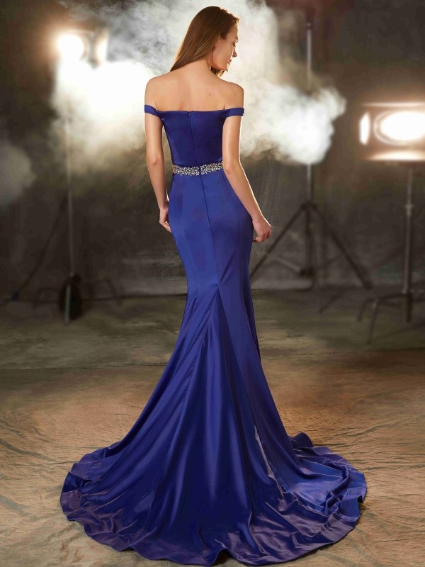 Trumpet/Mermaid Off-the-Shoulder Sleeveless Crystal Sweep/Brush Train Satin Dresses 7150