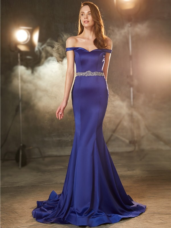 Trumpet/Mermaid Off-the-Shoulder Sleeveless Crystal Sweep/Brush Train Satin Dresses 7150