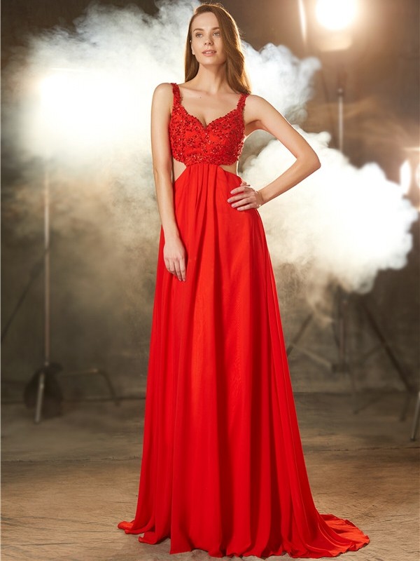 A-Line/Princess Straps Sleeveless Sweep/Brush Train Applique Chiffon Dresses 4866