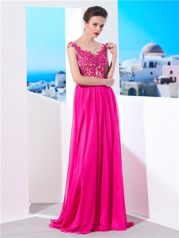 A-Line/Princess Sleeveless Sheer Neck Sweep/Brush Train Applique Chiffon Dresses 4589