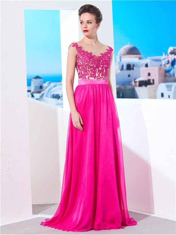 A-Line/Princess Sleeveless Sheer Neck Sweep/Brush Train Applique Chiffon Dresses 4589