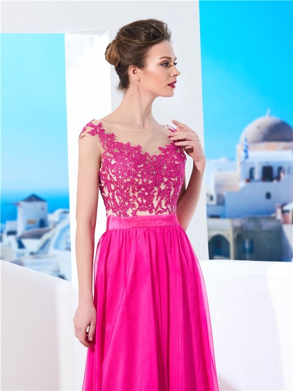 A-Line/Princess Sleeveless Sheer Neck Sweep/Brush Train Applique Chiffon Dresses 4589