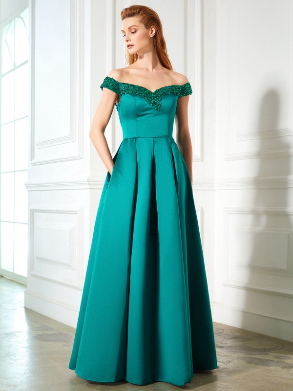 A-Line/Princess Off-the-Shoulder Sequin Sleeveless Satin Floor-Length Dresses 3803