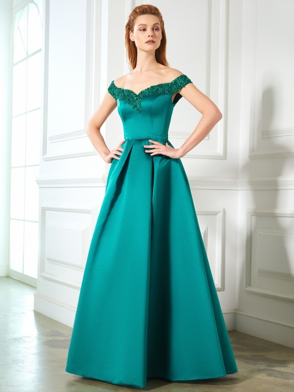 A-Line/Princess Off-the-Shoulder Sequin Sleeveless Satin Floor-Length Dresses 3803