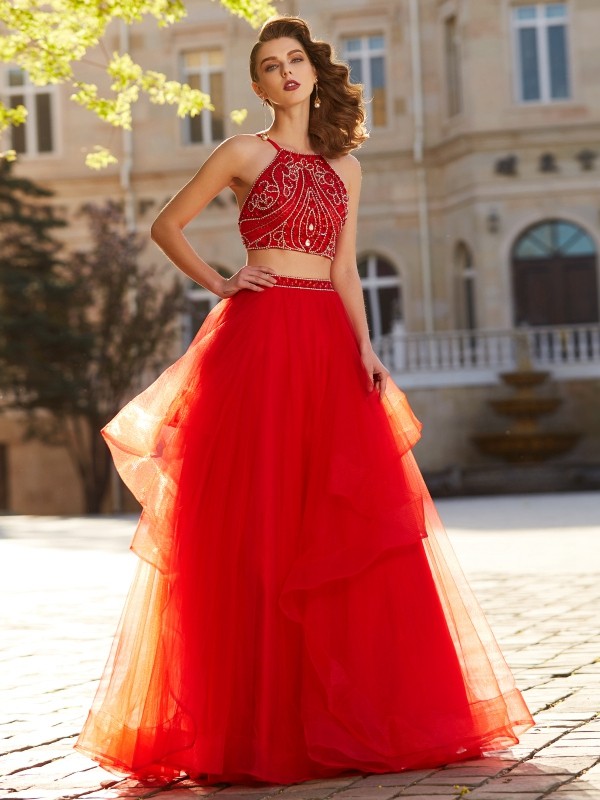 A-Line/Princess Spaghetti Straps Sleeveless Floor-Length Beading Tulle Two Piece Dresses 4719