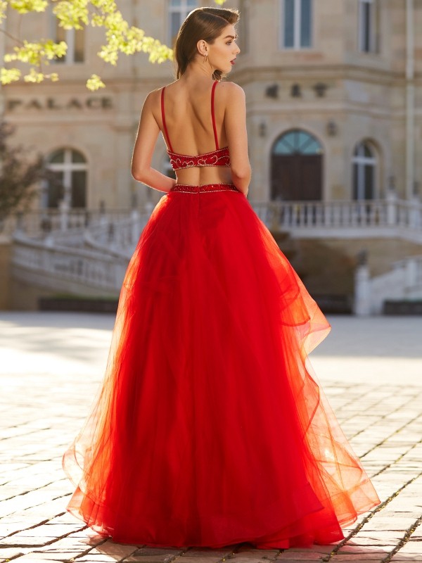 A-Line/Princess Spaghetti Straps Sleeveless Floor-Length Beading Tulle Two Piece Dresses 4719