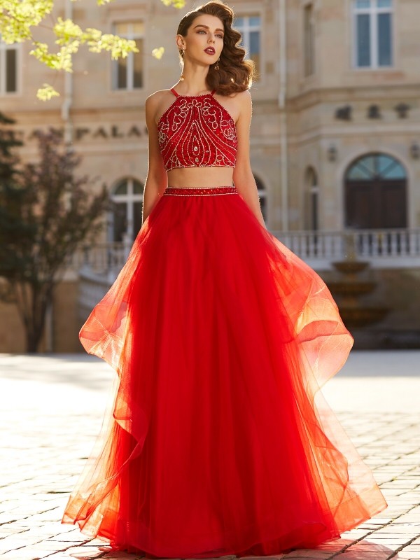 A-Line/Princess Spaghetti Straps Sleeveless Floor-Length Beading Tulle Two Piece Dresses 4719