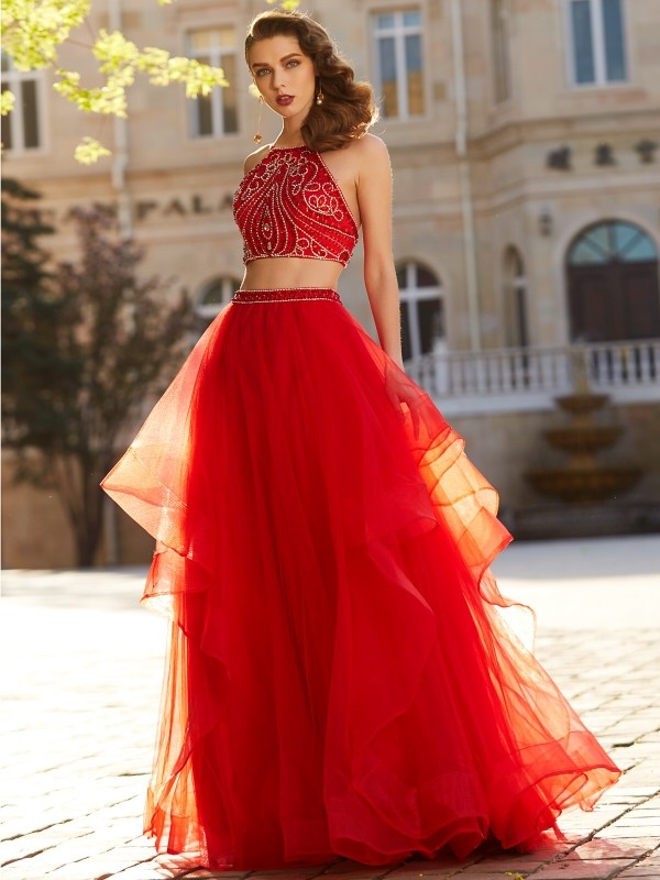 A-Line/Princess Spaghetti Straps Sleeveless Floor-Length Beading Tulle Two Piece Dresses 4719