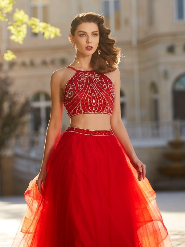 A-Line/Princess Spaghetti Straps Sleeveless Floor-Length Beading Tulle Two Piece Dresses 4719