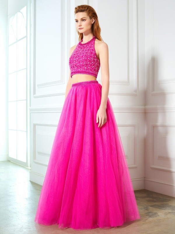 A-Line/Princess Halter Beading Sleeveless Net Floor-Length Two Piece Dresses 3570