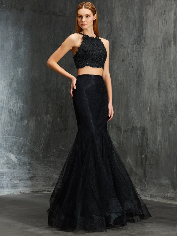 Trumpet/Mermaid Spaghetti Straps Sleeveless Applique Floor-Length Net Two Piece Dresses 7399