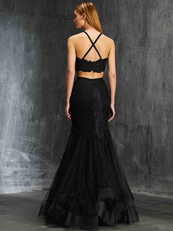 Trumpet/Mermaid Spaghetti Straps Sleeveless Applique Floor-Length Net Two Piece Dresses 7399