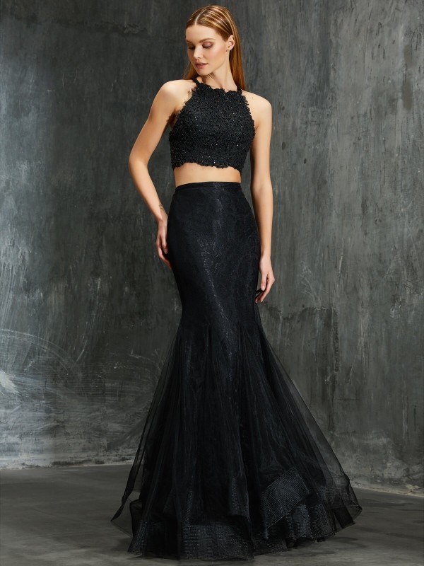 Trumpet/Mermaid Spaghetti Straps Sleeveless Applique Floor-Length Net Two Piece Dresses 7399