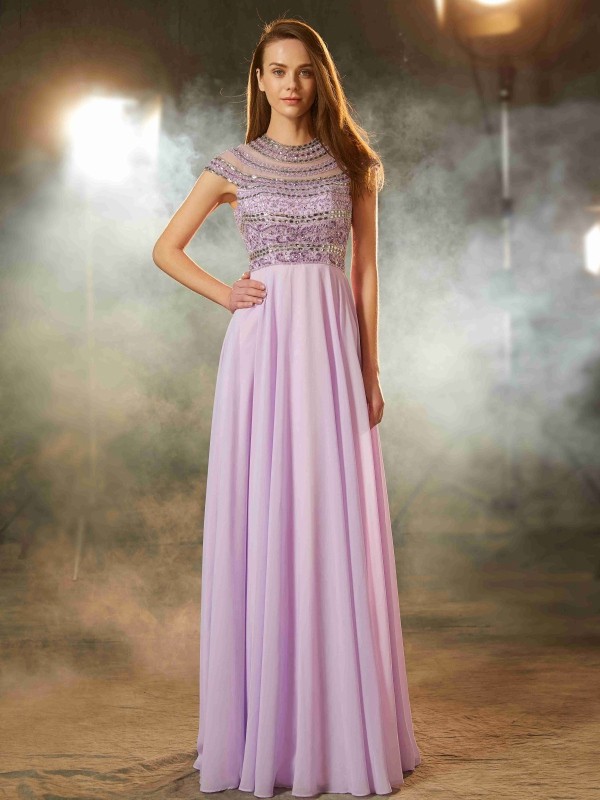 A-Line/Princess Scoop Short Sleeves Floor-Length Beading Chiffon Dresses 4334