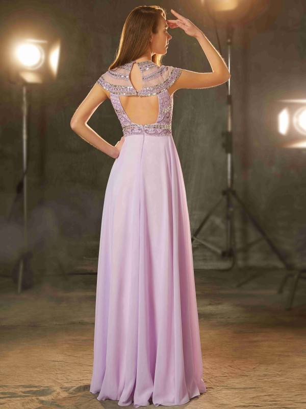 A-Line/Princess Scoop Short Sleeves Floor-Length Beading Chiffon Dresses 4334