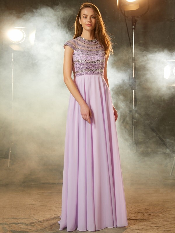 A-Line/Princess Scoop Short Sleeves Floor-Length Beading Chiffon Dresses 4334