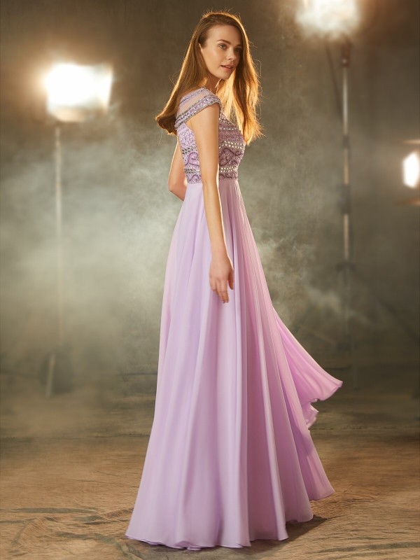 A-Line/Princess Scoop Short Sleeves Floor-Length Beading Chiffon Dresses 4334