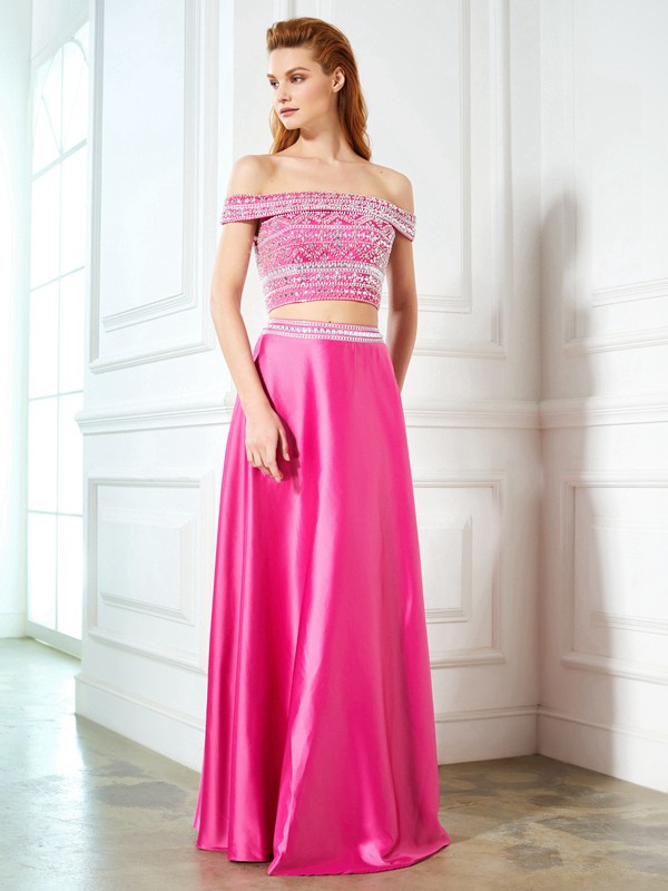 A-Line/Princess Off-the-Shoulder Beading Sleeveless Satin Floor-Length Two Piece Dresses 3789