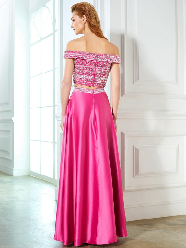 A-Line/Princess Off-the-Shoulder Beading Sleeveless Satin Floor-Length Two Piece Dresses 3789